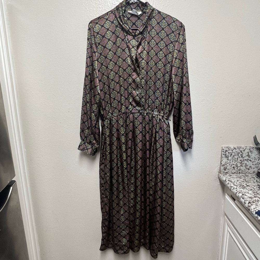 Vintage Talbots Elegant Patterned Dress in Black and Green